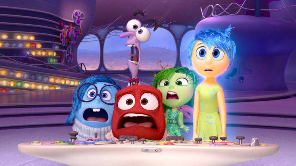 Pictured (L-R): Sadness, Fear, Anger, Disgust, Joy. ©2015 Disney•Pixar. All Rights Reserved.